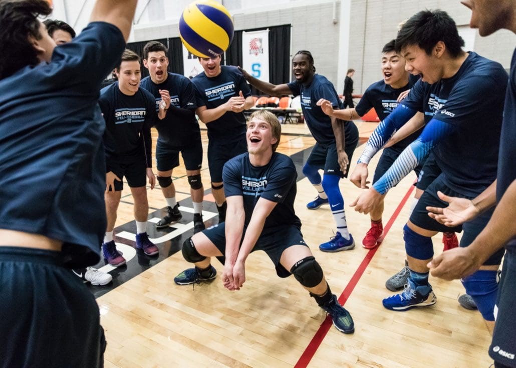 HAMILTON, ON - FEB. 23, 2017: The Sheridan Bruins go through their pre-game ritual before a game against the Mohawk Mountaineers.