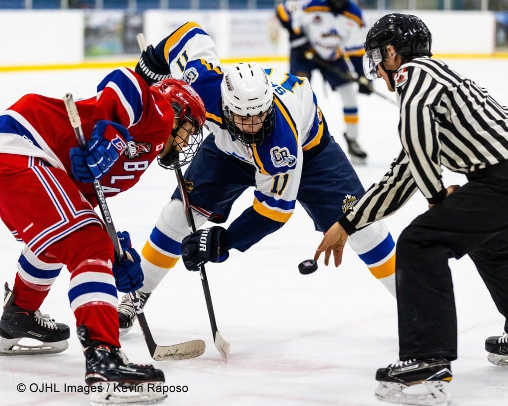 Sports Photography – Ontario Junior Hockey League, Regular Season, Men's Hockey, Collingwood Blues and Oakville Blades in Oakville, Ontario, Canada at Sixteen Mile Sports Complex