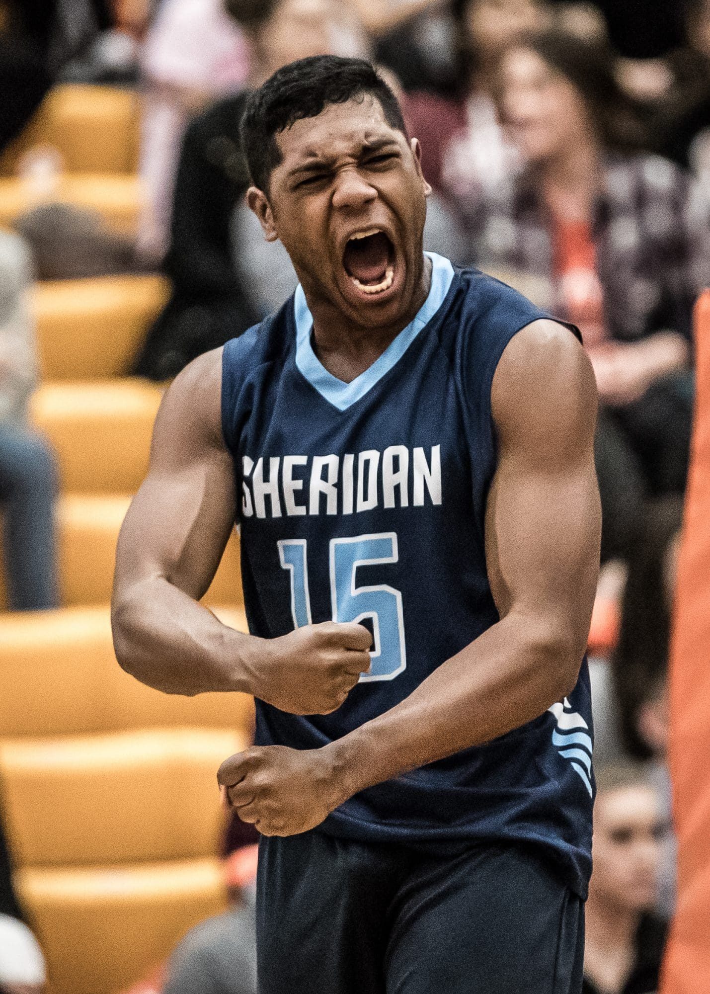 HAMILTON, ON - Feb. 23, 2017: Shaun Lasala of the Sheridan Bruins celebrates after a kill against the Mohawk Mountaineers.