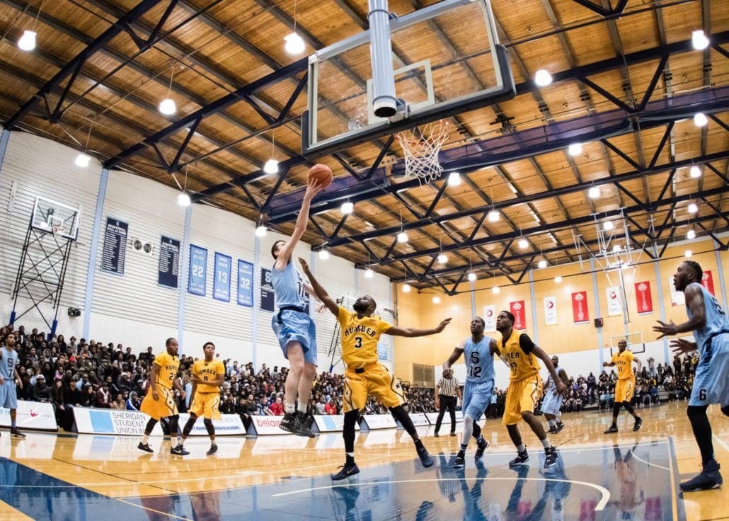 BRAMPTON, ON – FEB. 4, 2017: Ostap Choliy of the Sheridan Bruins releases near the basket in OCAA regular season action against the Humber Hawks.