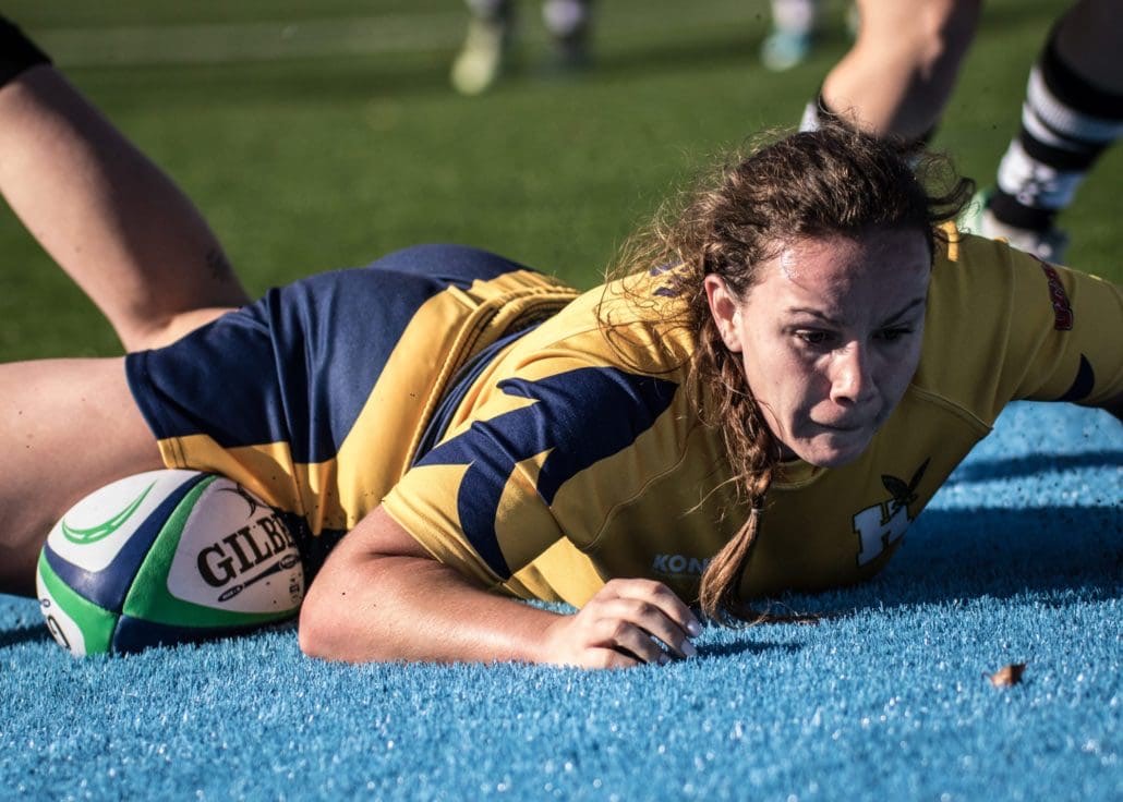 OAKVILLE, ON - Nov. 5, 2016: Humber players attempt to rip the ball from a Conestoga attacker at the inaugural OCAA Women's Rugby Sevens Championship.